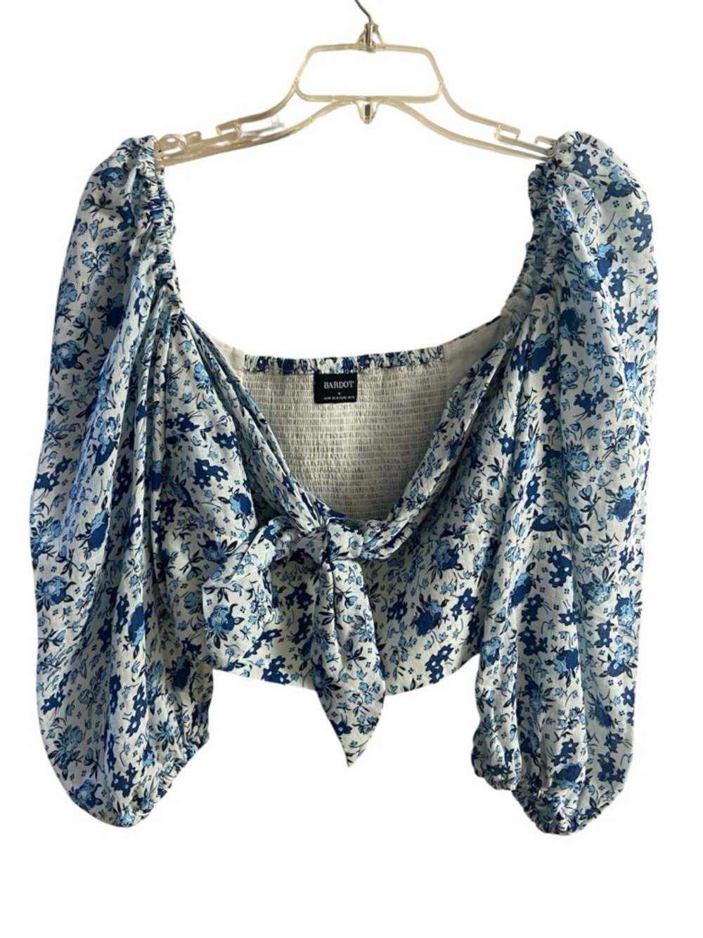 Bardot Revolve White and Blue Floral Tie-Front Puff Sleeve Crop Top XL